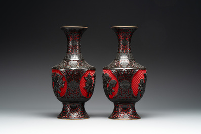 A collection of four Chinese lacquered enamel vases and a hardstone bonsai tree, 20th C.