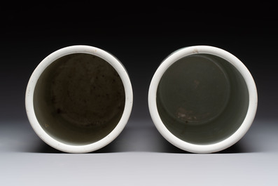 A pair of Chinese polychrome 'Zhong Kui' vases and two qianjiang cai hat stands, Jiangxi Ciye Gongsi 江西瓷业公司 mark, 20th C.