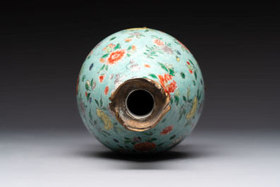 A Chinese wucai square covered container, a gilt bronze-mounted famille verte vase and a Canton famille verte bottle vase, Kangxi and later