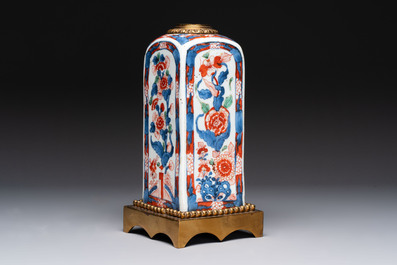 A Chinese famille verte hanging chopstick holder, a gilt bronze-mounted Imari-verte square flask and a wucai bowl, Kangxi and later