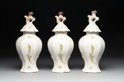 A polychrome Dutch Delft garniture of five vases with the portrait of William I of The Netherlands, early 19th C.