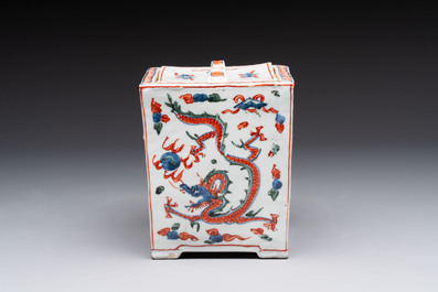 A Chinese wucai square covered container, a gilt bronze-mounted famille verte vase and a Canton famille verte bottle vase, Kangxi and later