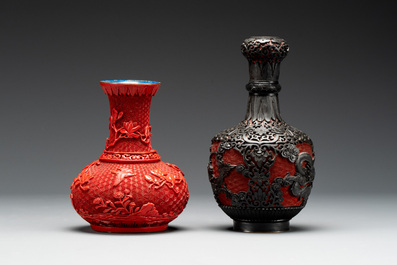 A collection of four Chinese lacquered enamel vases and a hardstone bonsai tree, 20th C.