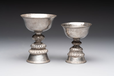 Two Tibetan silver butter lamps, 19th C.
