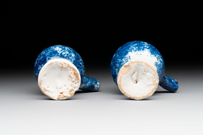 A pair of blue and white Dutch Delft 'bird' whistles, 18th C.