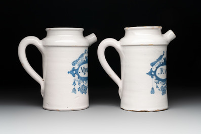 A rare pair of blue and white Dutch Delft albarello-shaped wet drug jars, early 18th C.