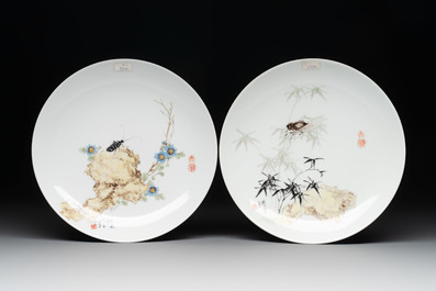 Five Chinese polychrome plates, signed Zou Furen 邹甫仁, dated 1989