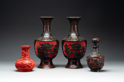 A collection of four Chinese lacquered enamel vases and a hardstone bonsai tree, 20th C.