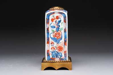 A Chinese famille verte hanging chopstick holder, a gilt bronze-mounted Imari-verte square flask and a wucai bowl, Kangxi and later