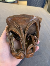 A Chinese carved bamboo brush pot and libation cup, Qing