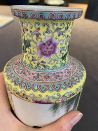 Two Chinese famille rose vases and a qianjiang cai tray, Qianlong mark, 18th C. and later