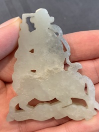 Two Chinese white and celadon jade 'crane' and 'deity' plaques, Qing