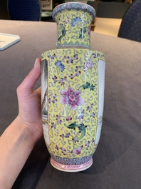 Two Chinese famille rose vases and a qianjiang cai tray, Qianlong mark, 18th C. and later