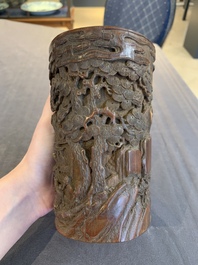 A Chinese carved bamboo brush pot and libation cup, Qing