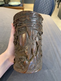 A Chinese carved bamboo brush pot and libation cup, Qing