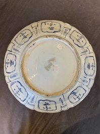 A large Chinese blue and white 'kraak' dish with birds among flowering branches, Wanli