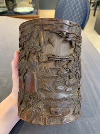 A Chinese carved bamboo brush pot and libation cup, Qing