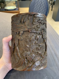 A Chinese carved bamboo brush pot and libation cup, Qing