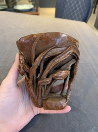 A Chinese carved bamboo brush pot and libation cup, Qing