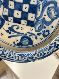 Three blue, white and iron-red Talavera pottery dishes, Spain, 17th C.