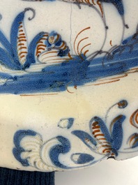 Three blue, white and iron-red Talavera pottery dishes, Spain, 17th C.