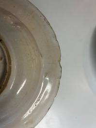 Three blue, white and iron-red Talavera pottery dishes, Spain, 17th C.