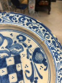 Three blue, white and iron-red Talavera pottery dishes, Spain, 17th C.