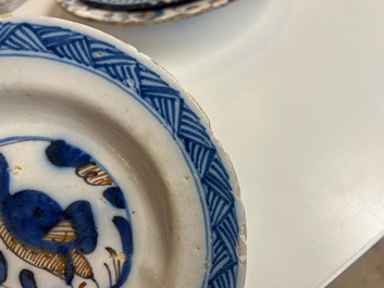 Three blue, white and iron-red Talavera pottery dishes, Spain, 17th C.