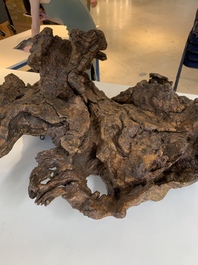 A Chinese carved wooden group and a natural root sculpture, 20th C.