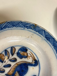 Three blue, white and iron-red Talavera pottery dishes, Spain, 17th C.