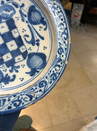 Three blue, white and iron-red Talavera pottery dishes, Spain, 17th C.