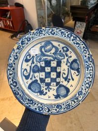 Three blue, white and iron-red Talavera pottery dishes, Spain, 17th C.