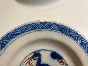 Three blue, white and iron-red Talavera pottery dishes, Spain, 17th C.