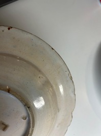 Three blue, white and iron-red Talavera pottery dishes, Spain, 17th C.