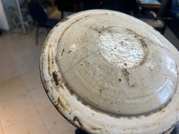 Three blue, white and iron-red Talavera pottery dishes, Spain, 17th C.