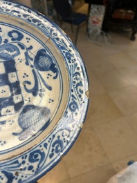 Three blue, white and iron-red Talavera pottery dishes, Spain, 17th C.