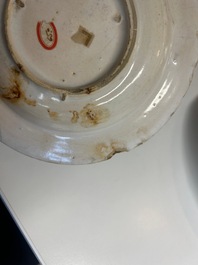 Three blue, white and iron-red Talavera pottery dishes, Spain, 17th C.