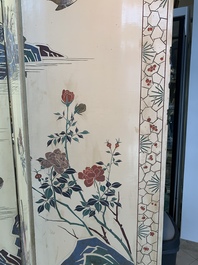 A Chinese polychrome lacquered wooden eight-panel folding screen with a pond scene, 19/20th C.
