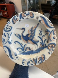 Three blue, white and iron-red Talavera pottery dishes, Spain, 17th C.