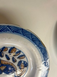 Three blue, white and iron-red Talavera pottery dishes, Spain, 17th C.