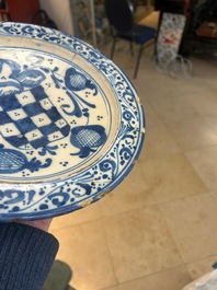 Three blue, white and iron-red Talavera pottery dishes, Spain, 17th C.