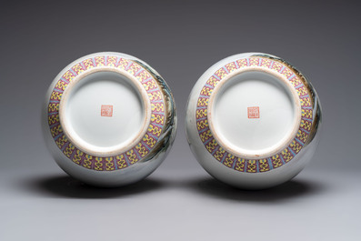 A pair of Chinese famille rose 'riverscape' vases, Qianlong mark, 20th C.