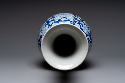 A large Chinese blue and white vase with dragons, peonies and antiquities, Johanneum mark, ex-collection of August the Strong, Kangxi