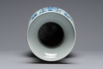 Two Chinese blue and white celadon-ground vases and a famille rose vase, signed Mao Zirong 毛子榮, 19/20th C.