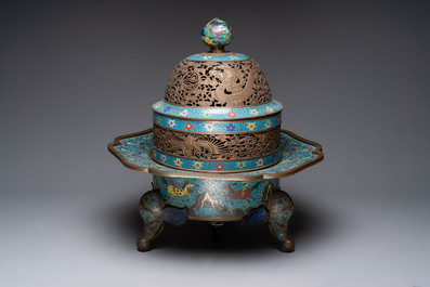 A large Chinese cloisonn&eacute; tripod censer and cover, 19th C.