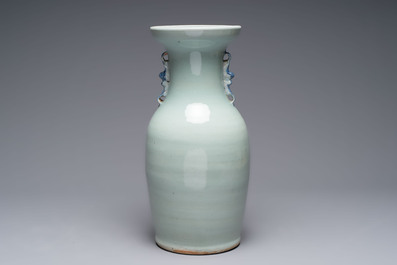Two Chinese blue and white celadon-ground vases and a famille rose vase, signed Mao Zirong 毛子榮, 19/20th C.