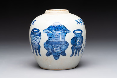 A Chinese blue and white vase, a jar, a famille rose cup and a plaque signed He Xuren 何許人, 19th C.