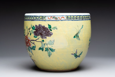 A Chinese yellow-ground famille rose 'pheasant and peony' scroll bowl, 19th C.