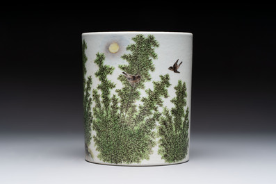 A Chinese qianjiang cai plaque and a brush pot, signed Deng Bizhao 鄧必昭 and Xu Zhongnan 徐仲南, dated 1941