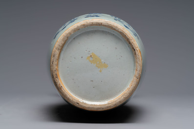 Two Chinese blue and white celadon-ground vases and a famille rose vase, signed Mao Zirong 毛子榮, 19/20th C.